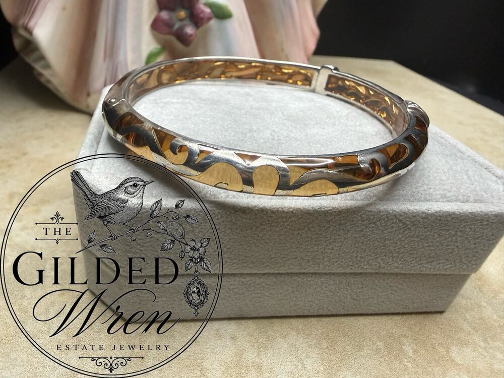 Vintage Angelique de Paris 925 Sterling Overlay Hinged Amber Resin Bangle